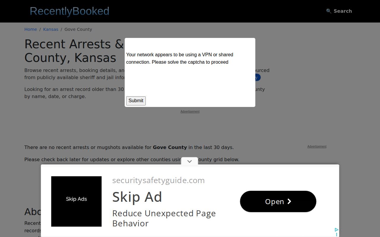 RecentlyBooked Gove County section showing the private site's local interface