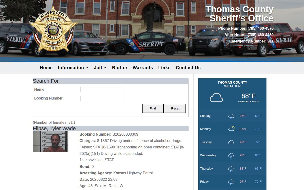 Thomas County Sheriff jail roster name and booking number search interface