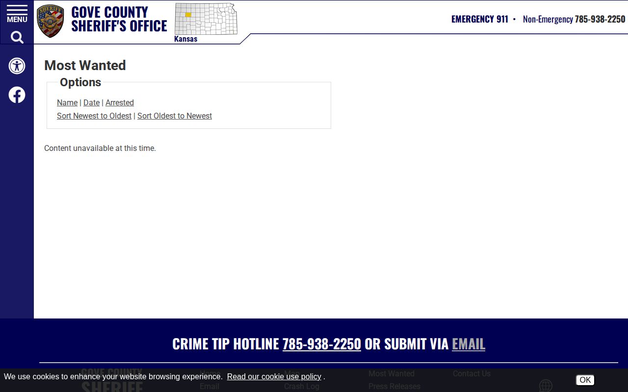Gove County most wanted list status on the official sheriff website